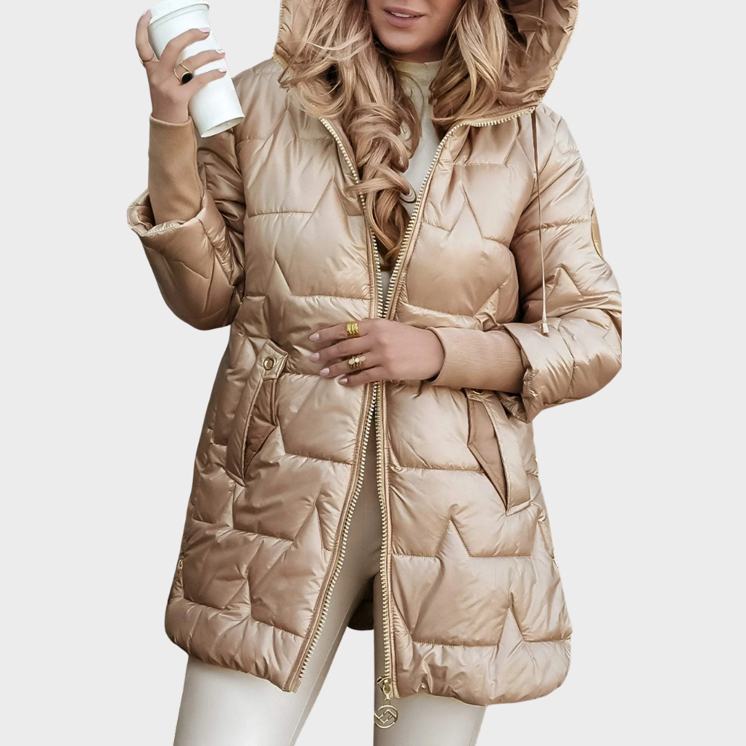 Ellen™ | Lange und warme gesteppte Jacke mit umschlagbarer Kapuze