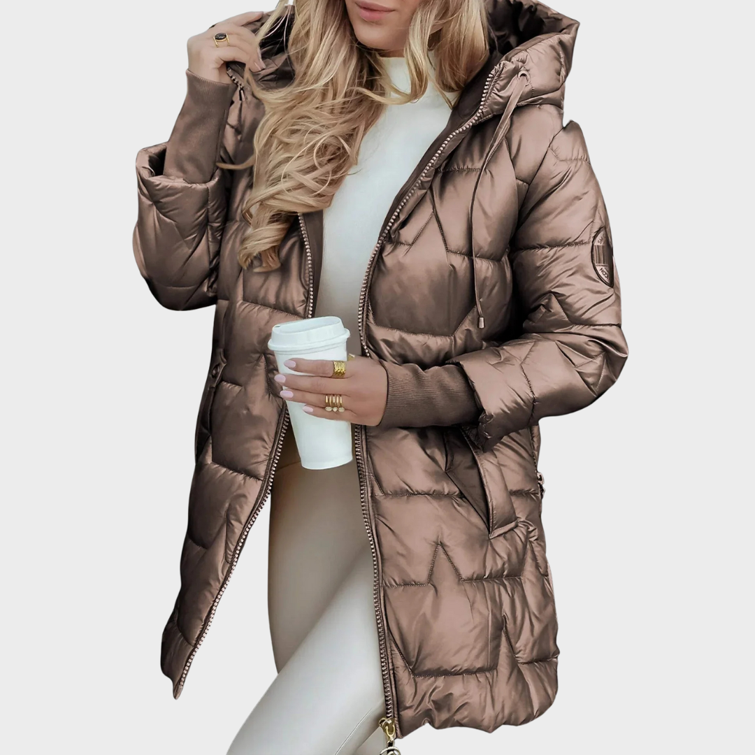 Ellen™ | Lange und warme gesteppte Jacke mit umschlagbarer Kapuze