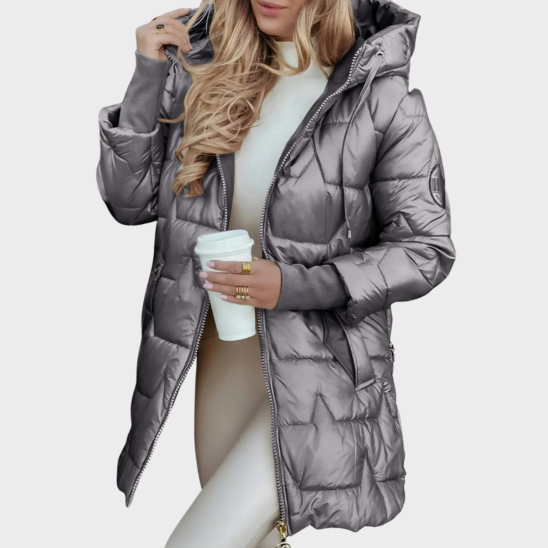 Ellen™ | Lange und warme gesteppte Jacke mit umschlagbarer Kapuze