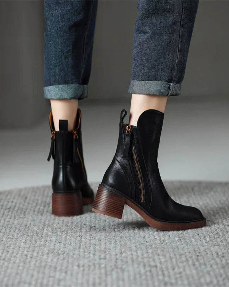 Valorine™ | Schwarze Lederstiefel mit bequemem Absatz, elegant und zeitlos
