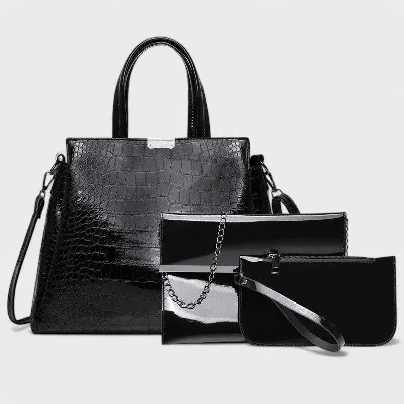 Nora. - Elegantes 3-teiliges schwarzes Krokodilleder-Taschen-Set