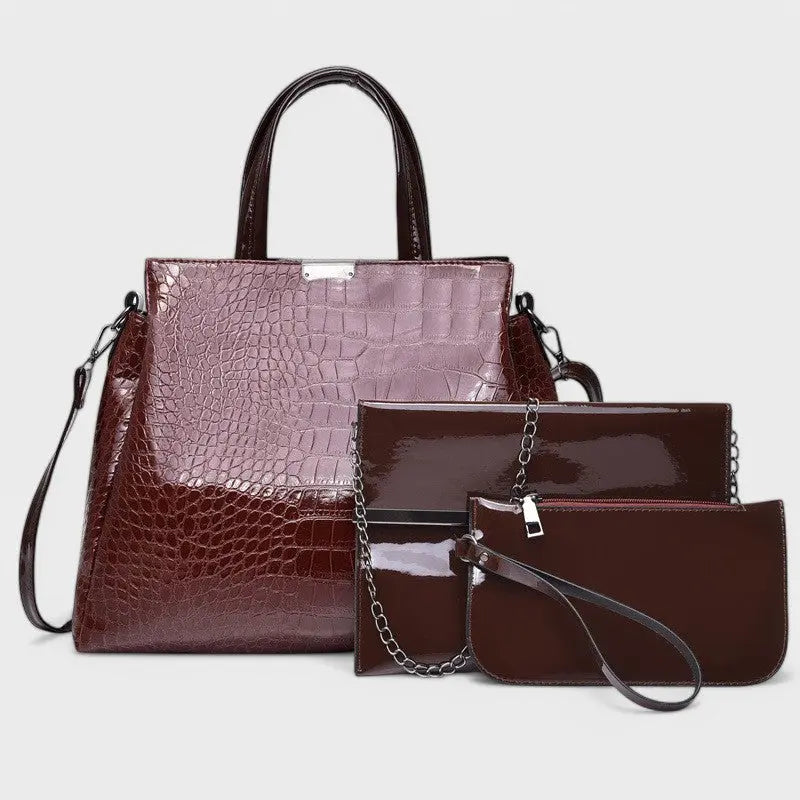 Nora. - Elegantes 3-teiliges schwarzes Krokodilleder-Taschen-Set