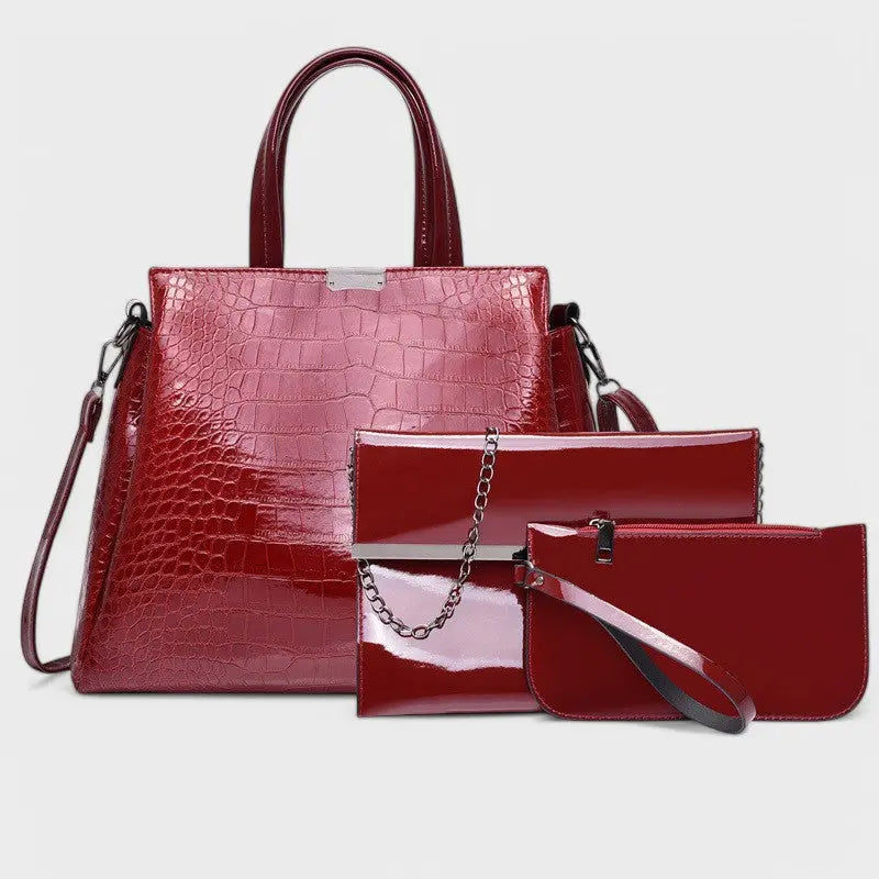 Nora. - Elegantes 3-teiliges schwarzes Krokodilleder-Taschen-Set